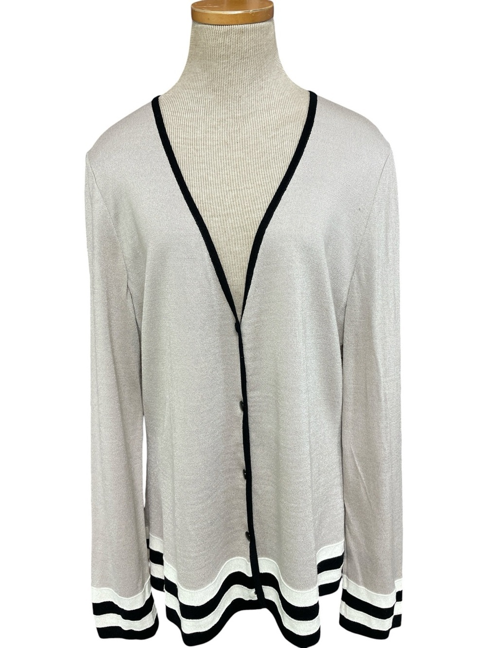 ST. JOHN Cardigan Sweater Khaki Button Front Stretchy Wool Size Large